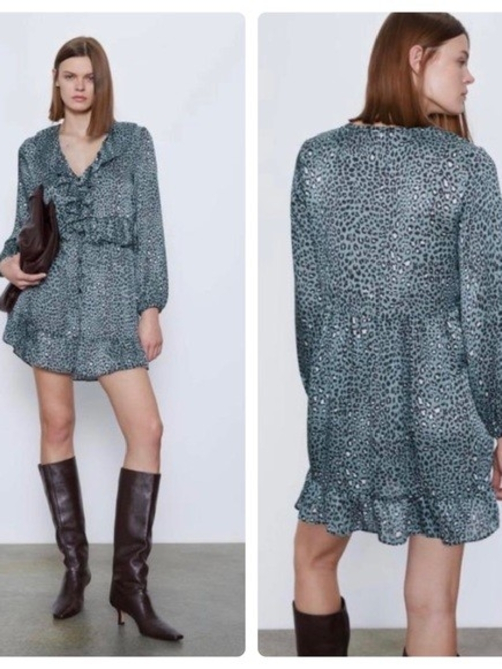 Zara Teal Leopard-Print Ruffle Mini Dress